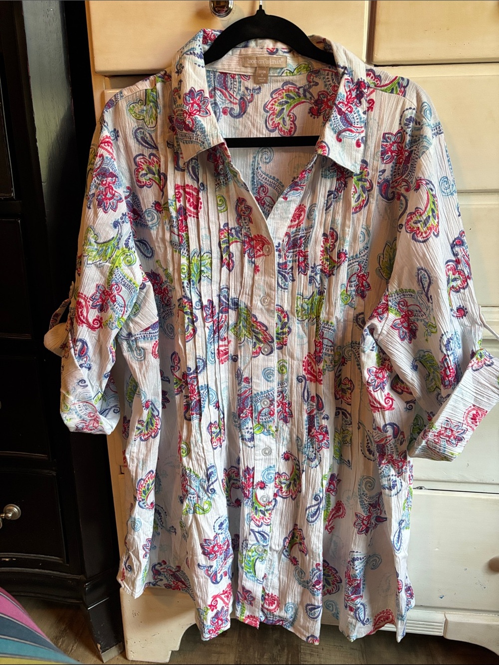Woman Within Floral Paisley Button-Front Tunic in White, Pink, Blue, Green
